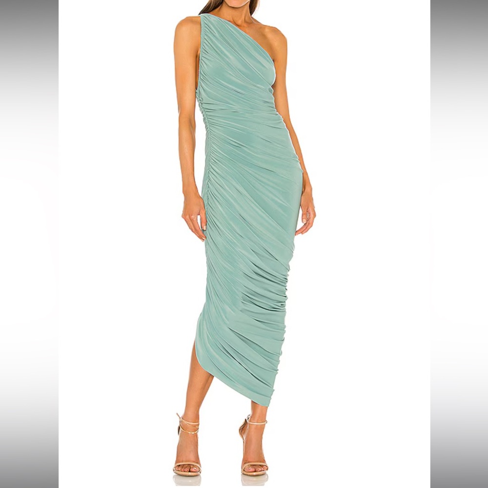 Norma Kamala Diana Sage Green Vintage Mint Maxi Midi Ruched One Shoulder Gown
